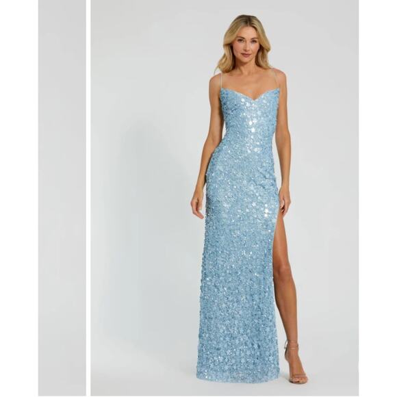 NWOT Mac Duggal Ieena Sequin Gown M Ice Blue Sweetheart Lace-Up High Slit Formal - Picture 3 of 15